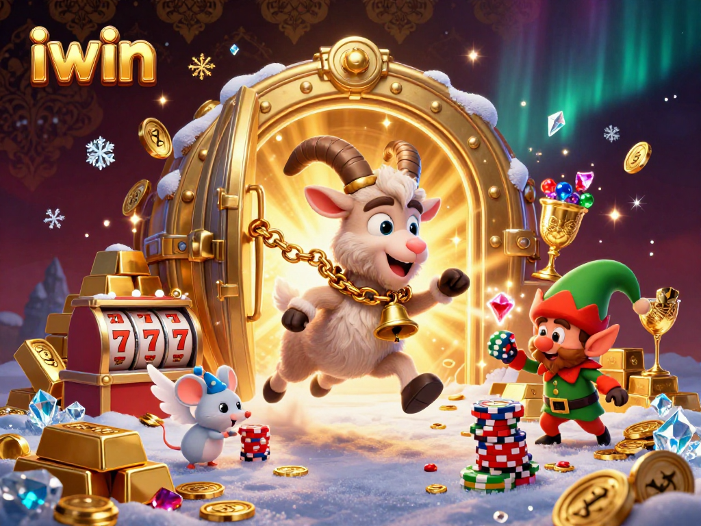 Experience the excitement of iwin with a 3D cartoon Krampus goat running a festive casino filled with treasures.