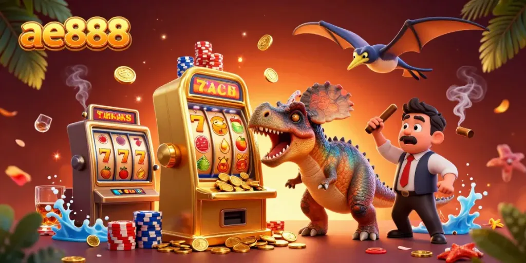 Experience the thrill of ae888 as a dinosaur engages with a jackpot slot machine, surrounded by vibrant casino elements.