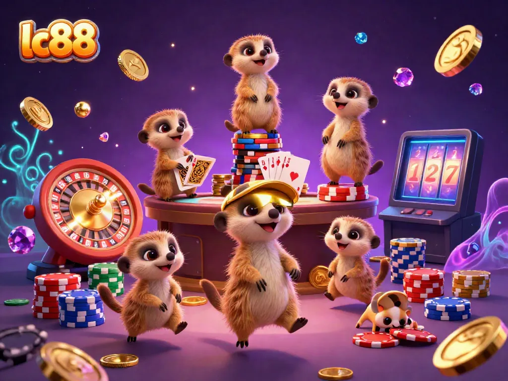 Engaging scene of lc88 meerkats in a whimsical casino with cards, chips, and gold coins.