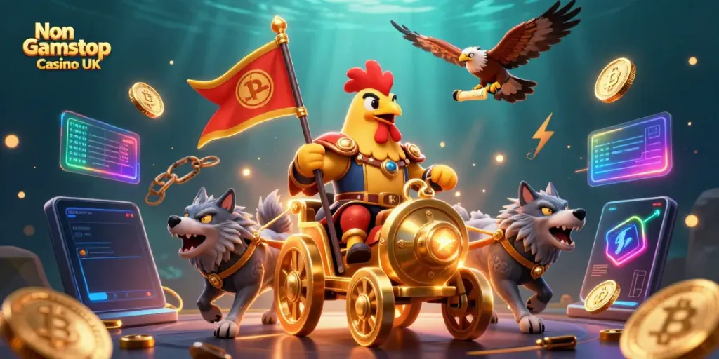 Engage in thrilling gameplay at Non Gamstop Casino UK with a vibrant 3D scene showcasing unique characters and elements.