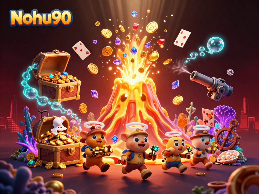 Nohu90’s thrilling treasure hunt depicted with a golden volcano, treasures, and vibrant underwater elements.