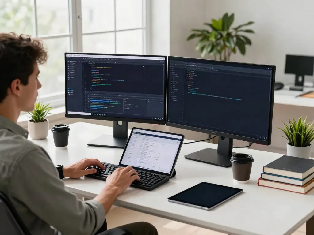 Developer coding at a modern workspace, click here to investigate software solutions.