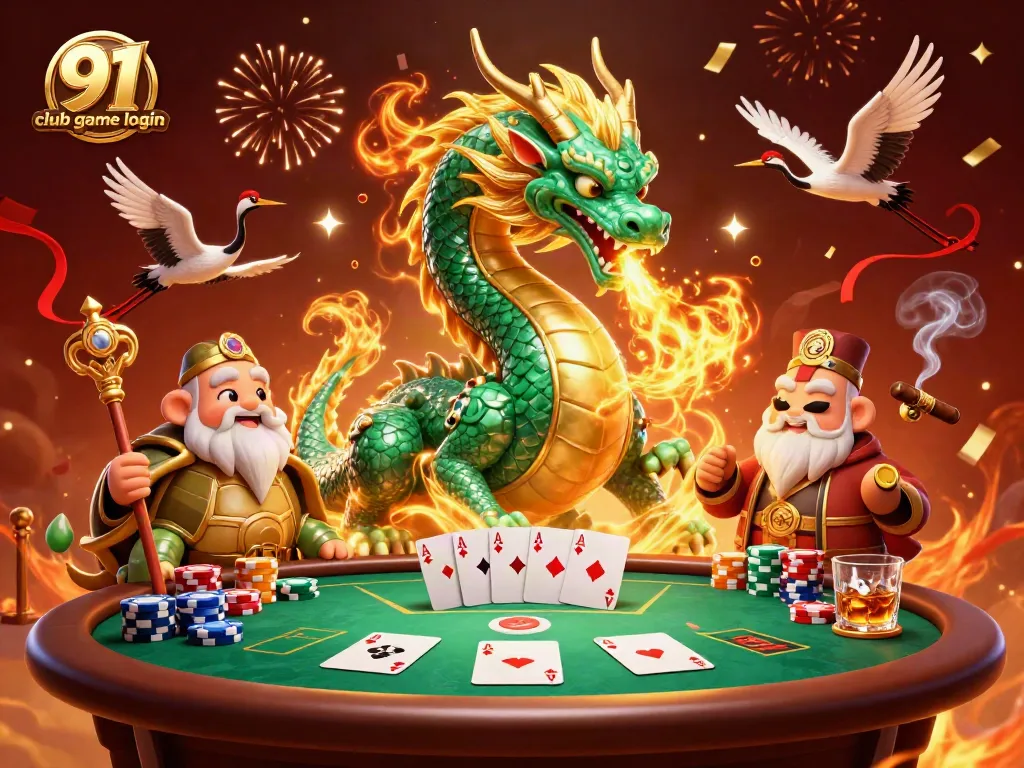 Engage with 91 club game login in a vibrant gaming scene featuring a jade dragon and poker elements.