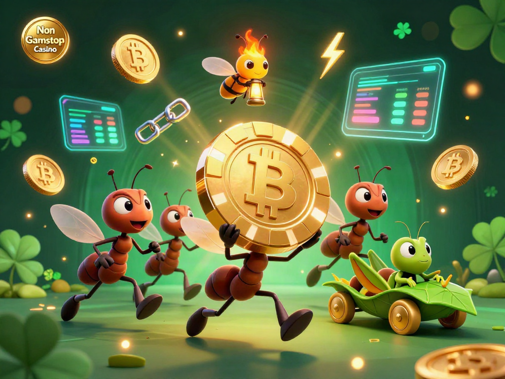 Experience the thrill of a Non Gamstop Casino heist in this lively 3D scene filled with cartoon ants, crypto coins, and vibrant colors.