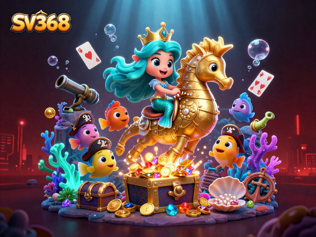 Experience thrilling gaming at SV368 with a mermaid princess and giant seahorse amidst vibrant treasures.