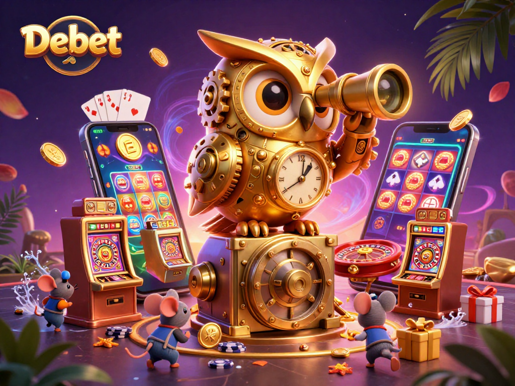 Experience captivating gameplay at Debet with a golden owl overseeing the bustling casino floor.