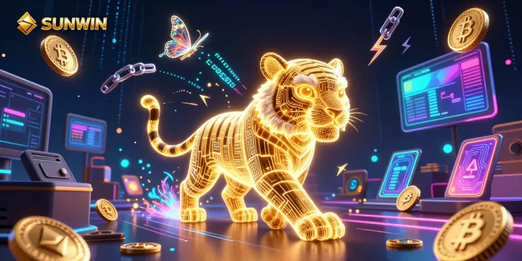 SUNWIN's vibrant digital casino scene featuring a neon tiger and holographic butterflies amidst cryptocurrency icons.