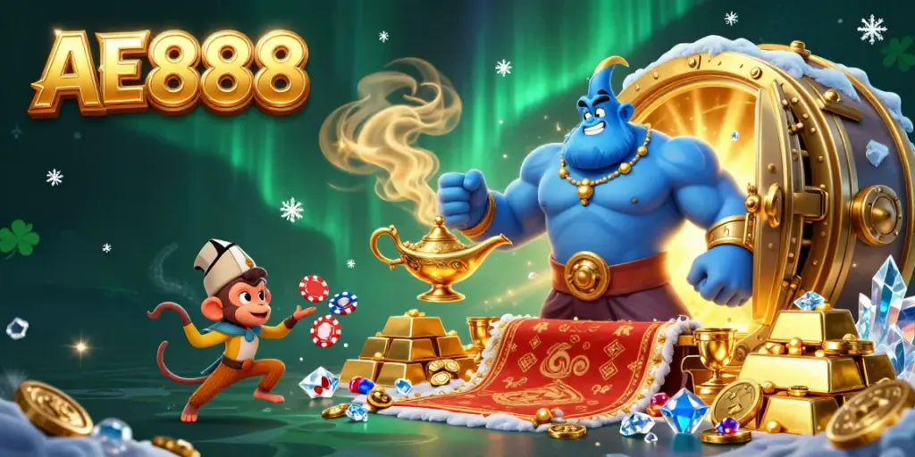 Experience the vibrant AE888 casino world with a genie, monkey, and poker chips in a treasure-filled scene.