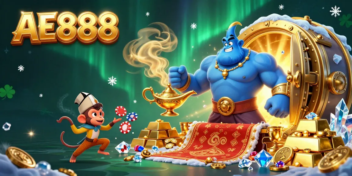 Experience the vibrant AE888 casino world with a genie, monkey, and poker chips in a treasure-filled scene.