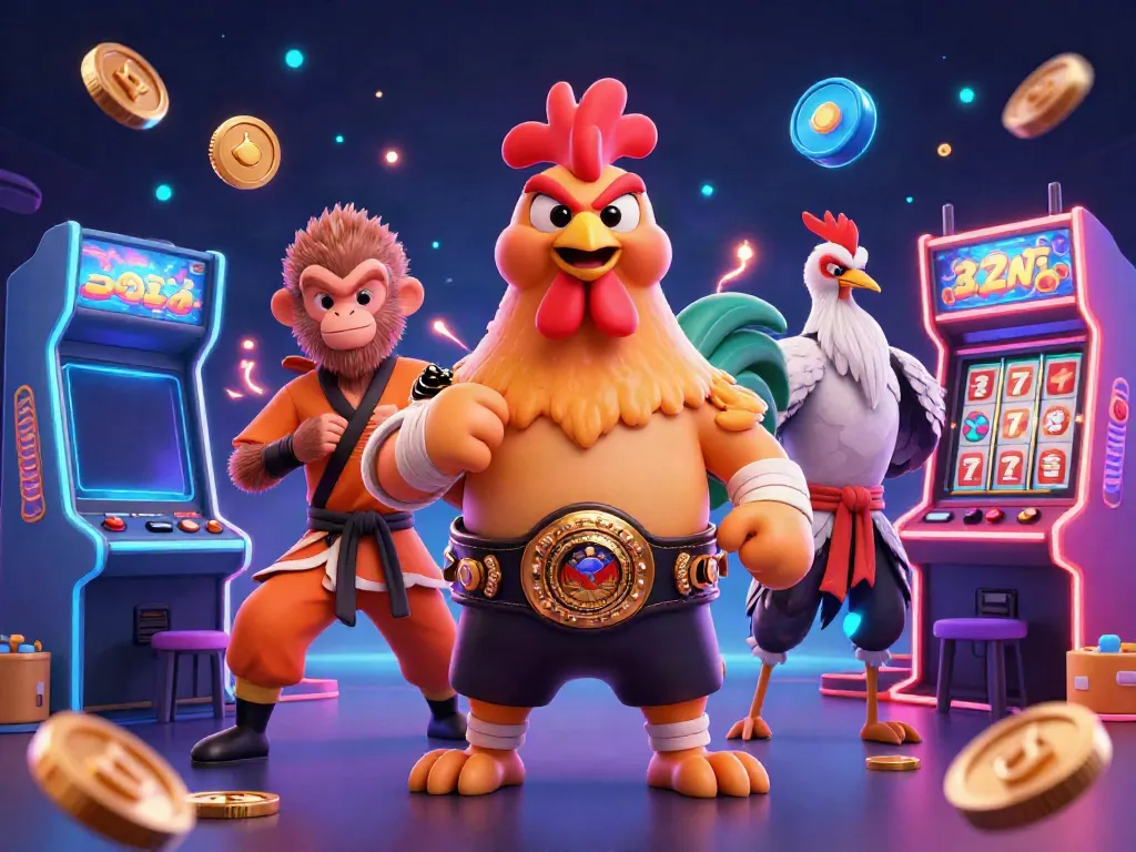 Engage with au88's vibrant 3D casino scene featuring a Muay Thai rooster, Shaolin monkey, and wise crane master among colorful gaming elements.