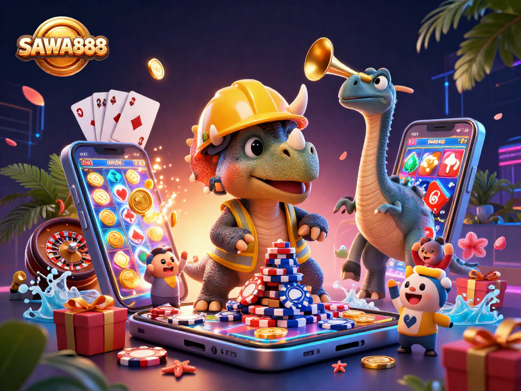 Experience thrilling gameplay with SAWA888 at a vibrant casino scene filled with dynamic elements.