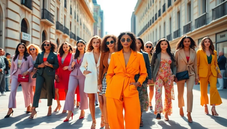 Stylishly dressed women showcasing trendy Women Fashion in a vibrant urban setting.