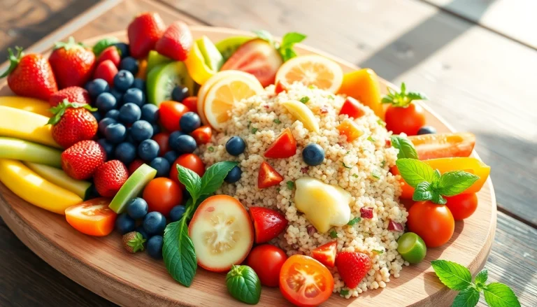 Arrange a vibrant healthy food platter with fresh fruits and vegetables.
