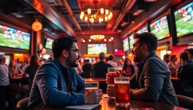Friends engaging in sports betting excitement at a vibrant bar, showcasing thabet culture.