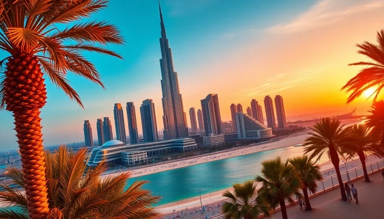 Travel to Dubai: A breathtaking sunset view over Dubai's iconic skyline featuring the Burj Khalifa.