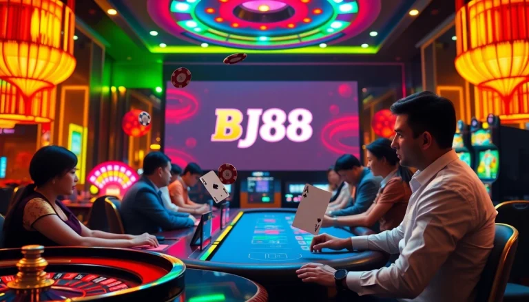Experience the thrill at BJ88's online casino with players enjoying blackjack, raider slot machines, and a vibrant atmosphere.