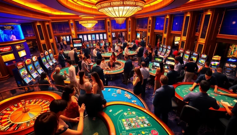 Xổ Số FB88 draws enthusiastic players at a vibrant casino with gaming tables and spinning roulette wheels.