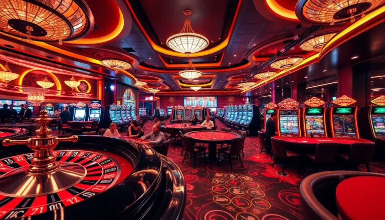 Experience the excitement of a luxurious casino at https://dabet.design/, showcasing poker tables and vibrant slot machines.