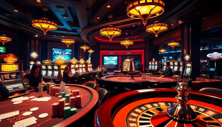 Experience the thrill at Nhà cái uy tín nhất with vibrant casino scenes, poker chips, and active players in action.