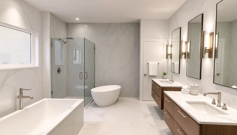 Luxury bathroom remodeled by a professional bathroom remodeling contractor with modern fixtures and soothing colors.