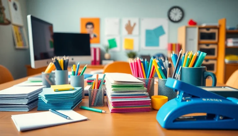 Explore various discount office supplies, including colorful papers and pens, on a well-organized desk.