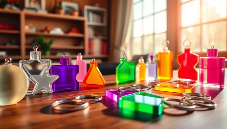 Acrylic keychain manufacturer showcasing colorful, custom keychains on a sunlit wooden table.