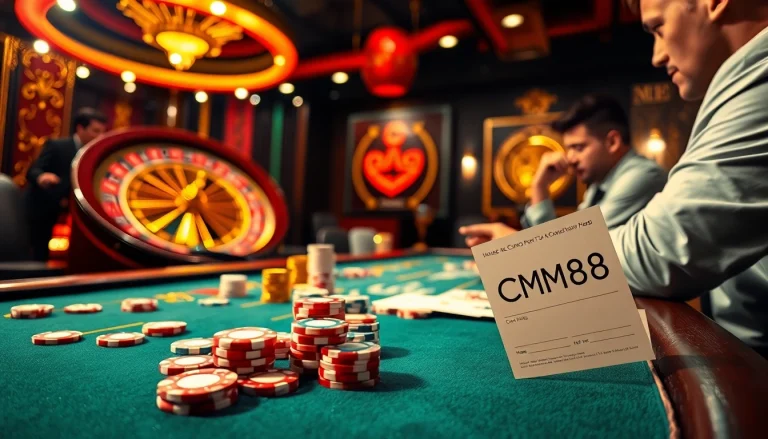 CM88 poker scene featuring colorful chips and casino action during an exciting game.