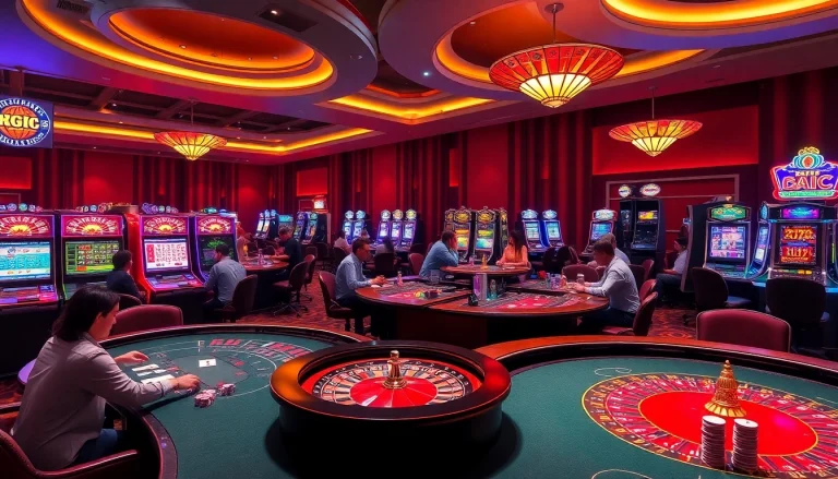 KJC AC casino setting bustling with poker tables and slot machines.