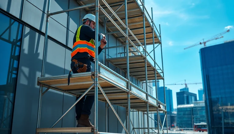 Scaffolding Manchester: A skilled worker assembling scaffolding in an urban setting.