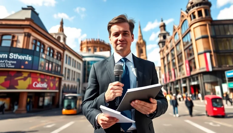 Reporting on Birmingham news with a vibrant city backdrop, capturing dynamic moments.