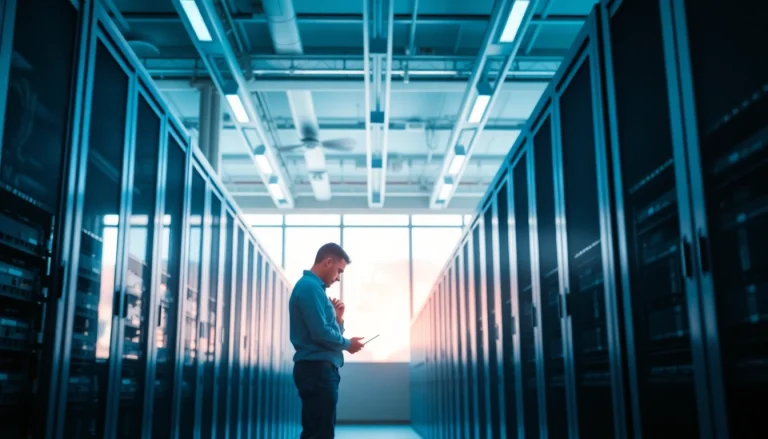 Explore cheap colocation services in a modern data center with a focused technician.