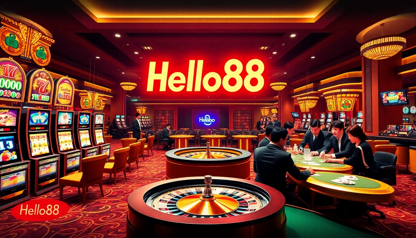 Hello88 casino scene showcasing players excitedly engaging with slot machines and poker tables.