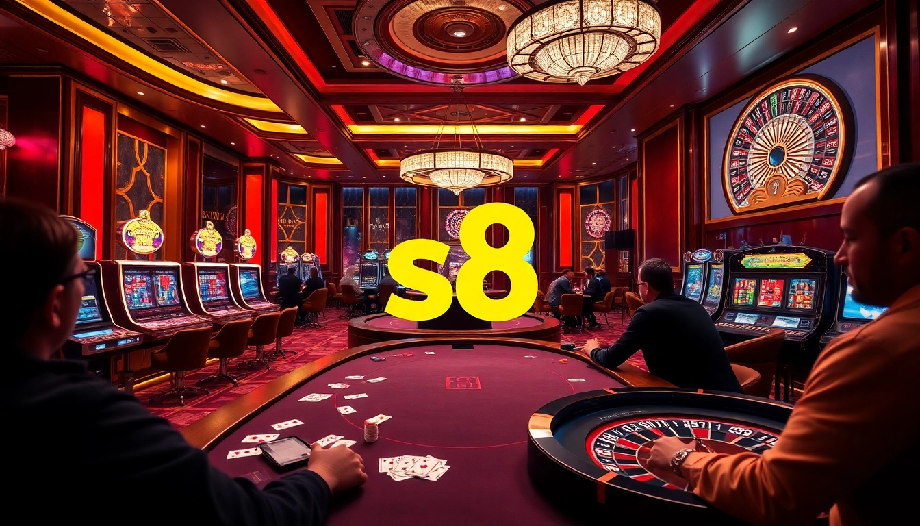 Experience the excitement at S8 casino with lively players and vibrant games in an elegant setting.