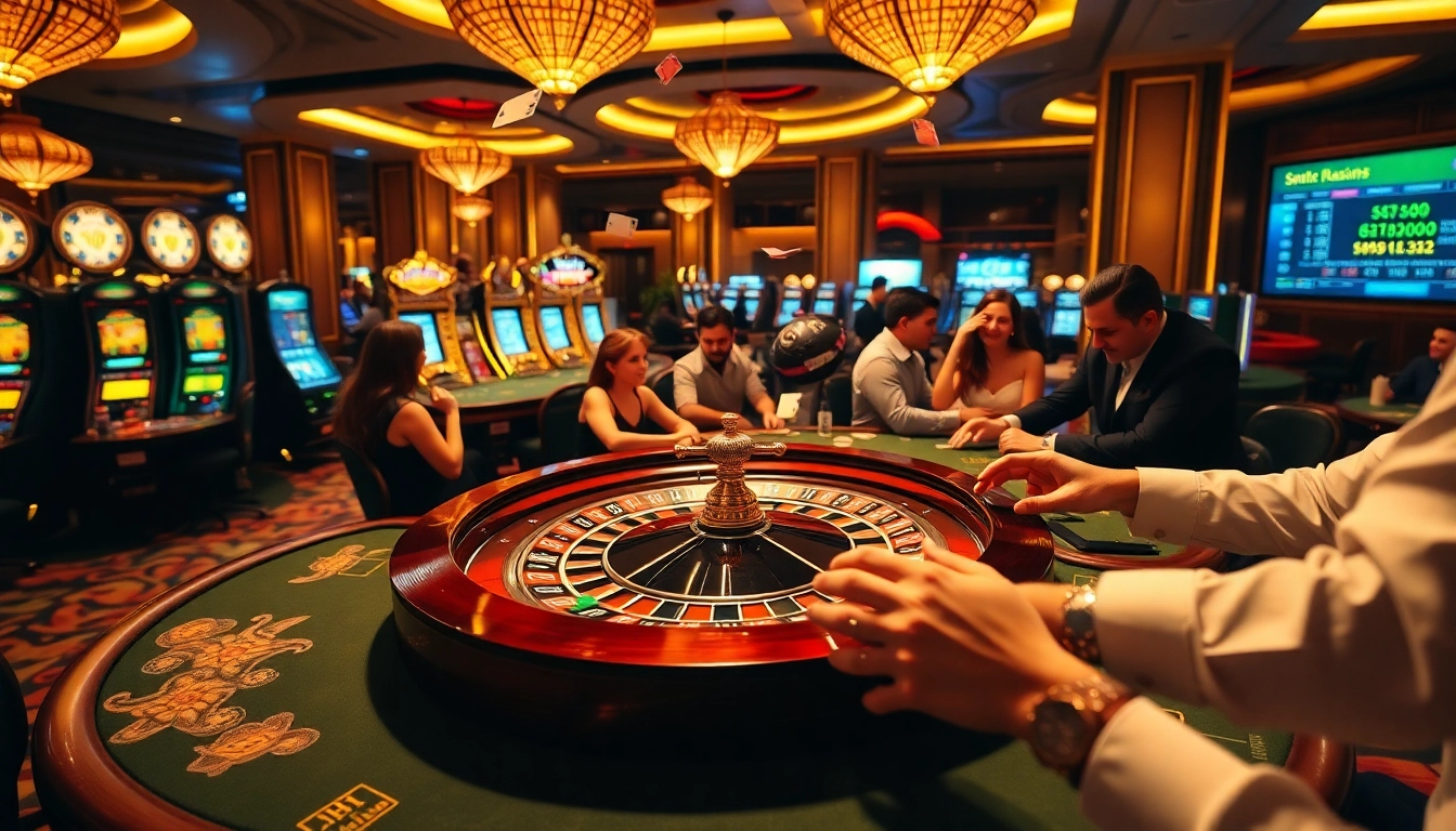 A dynamic casino atmosphere with players celebrating a win at https://1mm888.com/ roulette, surrounded by vibrant lights and excitement.