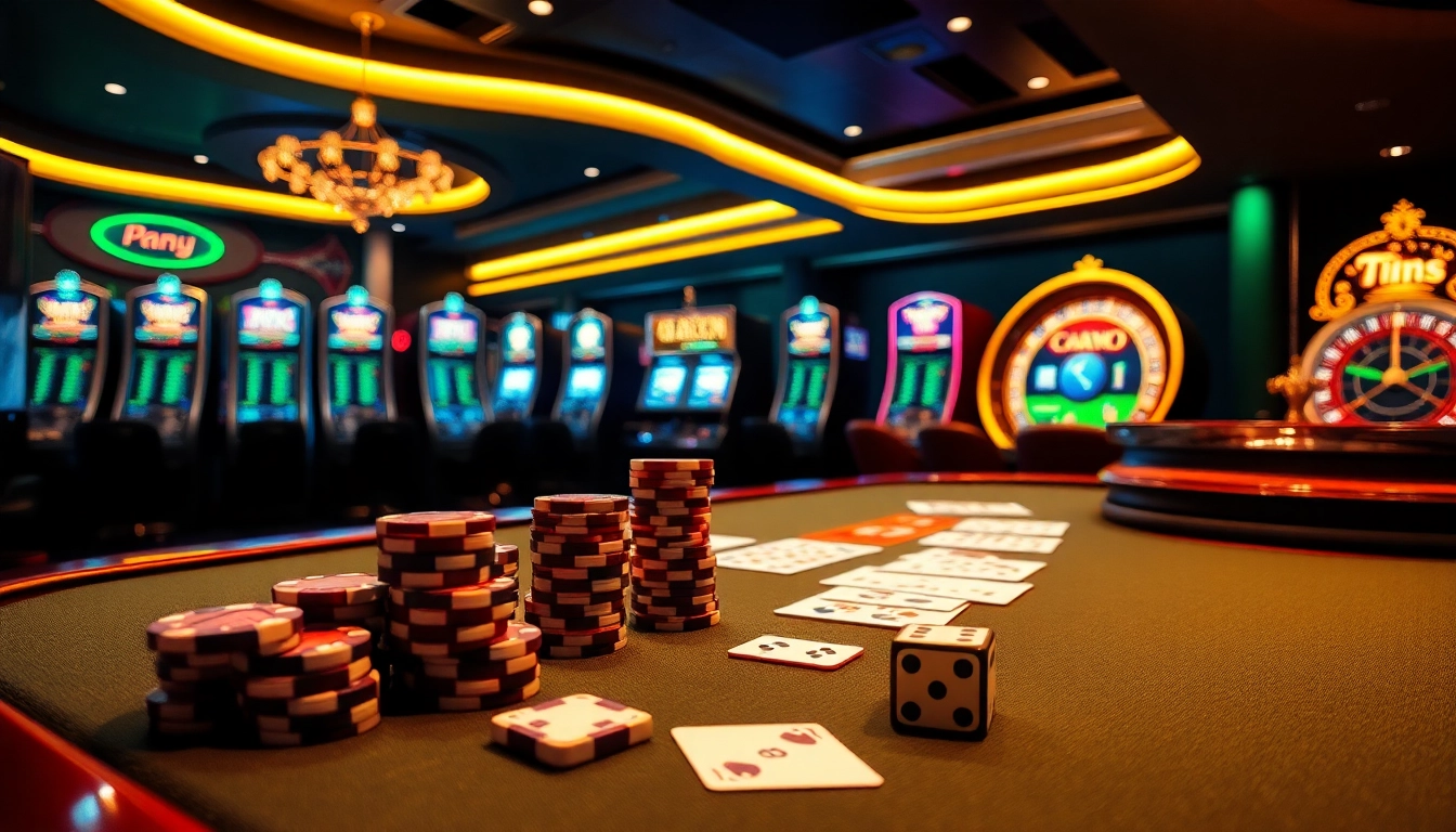 Experience the vibrant excitement of Trang Chủ RR88 with a dynamic online casino scene featuring gaming tables and machines.