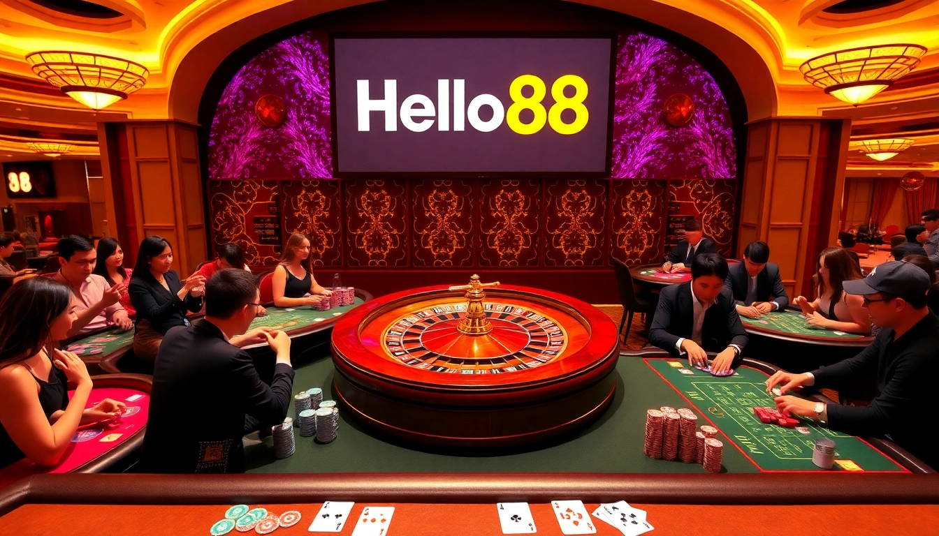 Excited players enjoy high-stakes games at Hello88 casino, surrounded by roulette and poker chips.