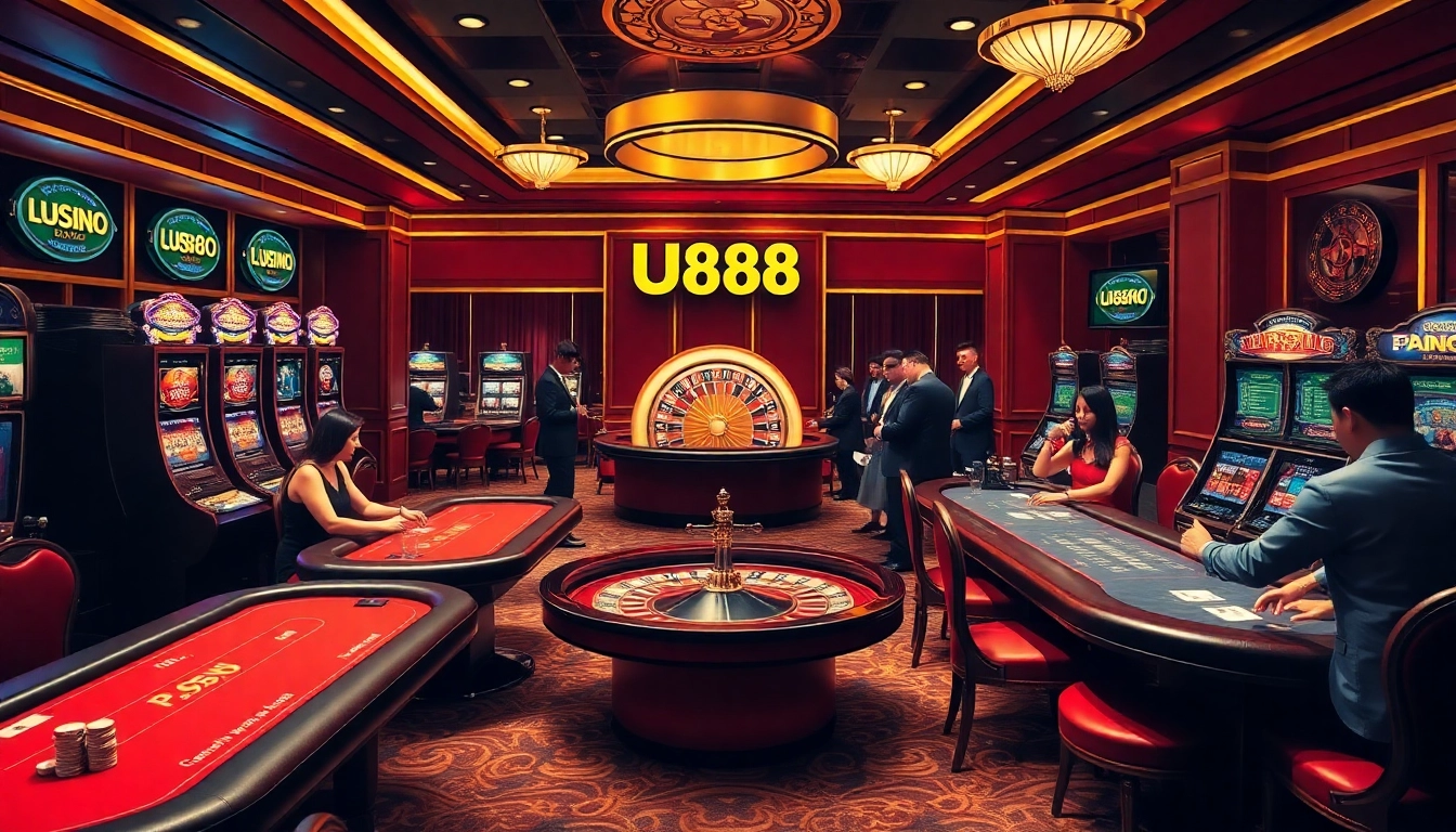 Exciting gambling scene at U888 casino showcasing vibrant games, poker tables, and slot machines.