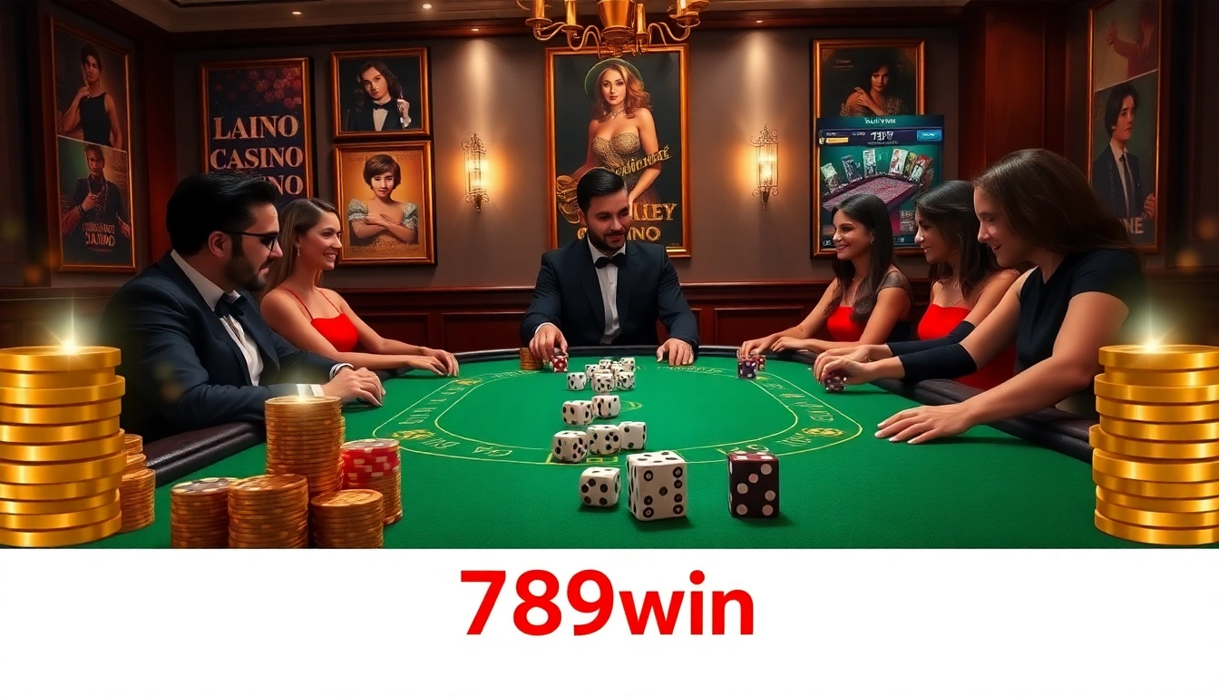 Experience the thrill of gambling at 789win with vibrant poker tables, chips, and lively players.