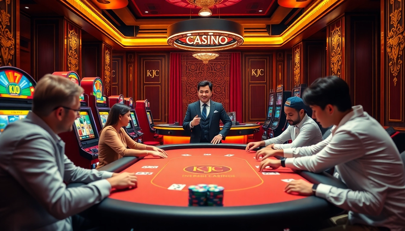 KJC branded casino scene highlighting players at a lively poker table with colorful slot machines in the background.