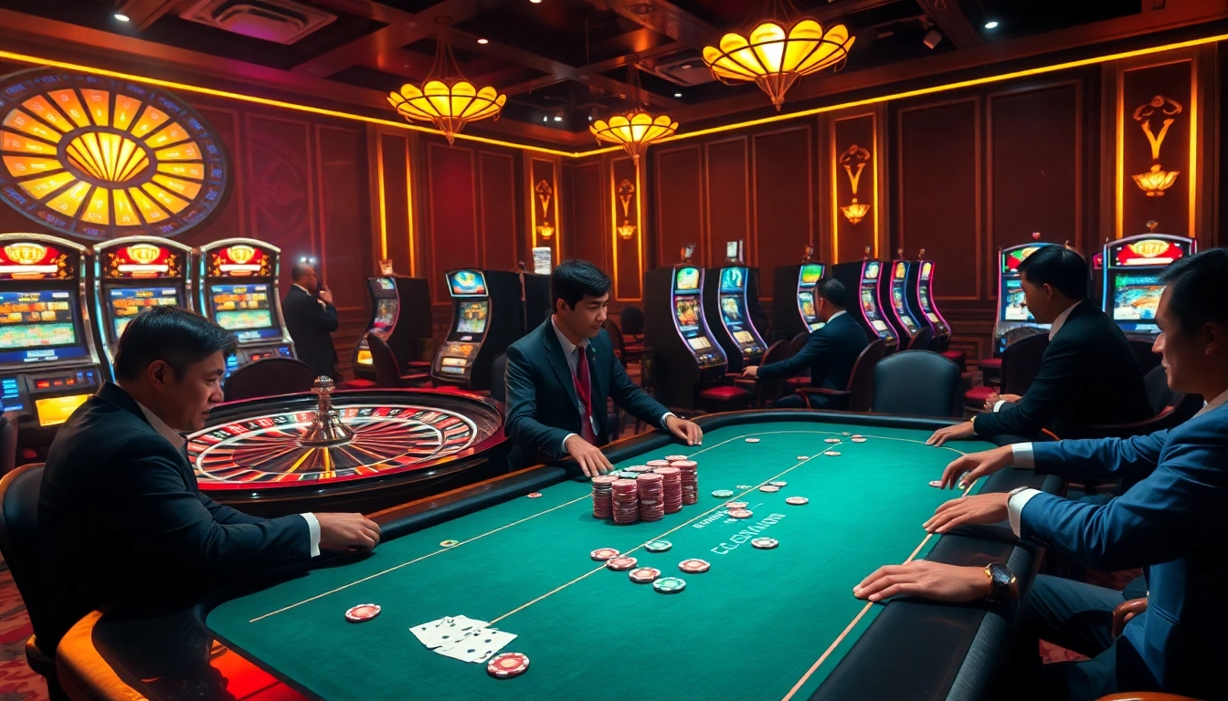 View a professional poker game with immersive elements from https://sv88sr.com/ showcasing chips and a roulette wheel.
