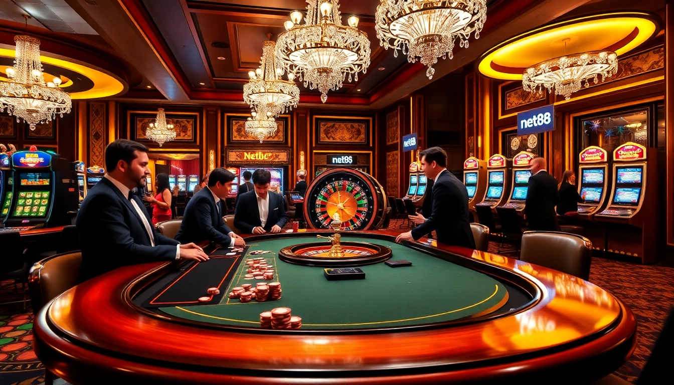 Players engaging in a thrilling poker game at net88 casino, surrounded by luxurious decor and vibrant atmosphere.