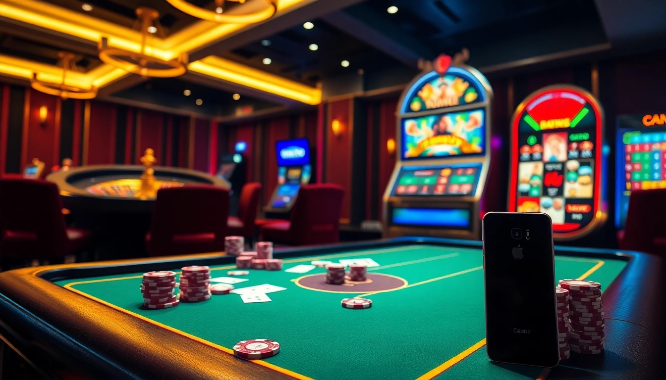 S8 casino experience featuring vibrant gaming tables, poker chips, and a spinning roulette wheel.