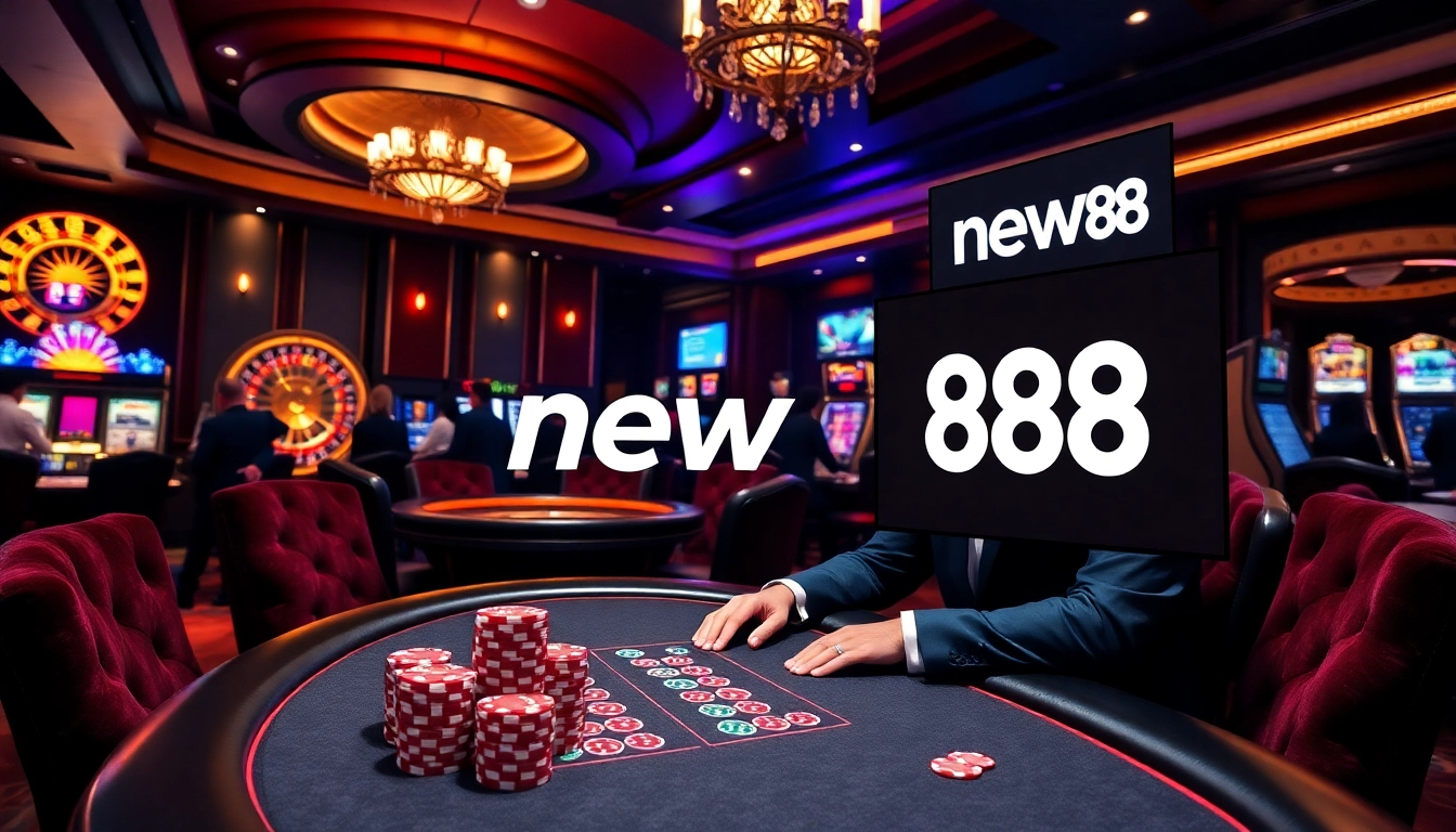 Experience high-stakes poker at new88's luxurious casino tables, featuring vibrant chips and illuminating slot machines.