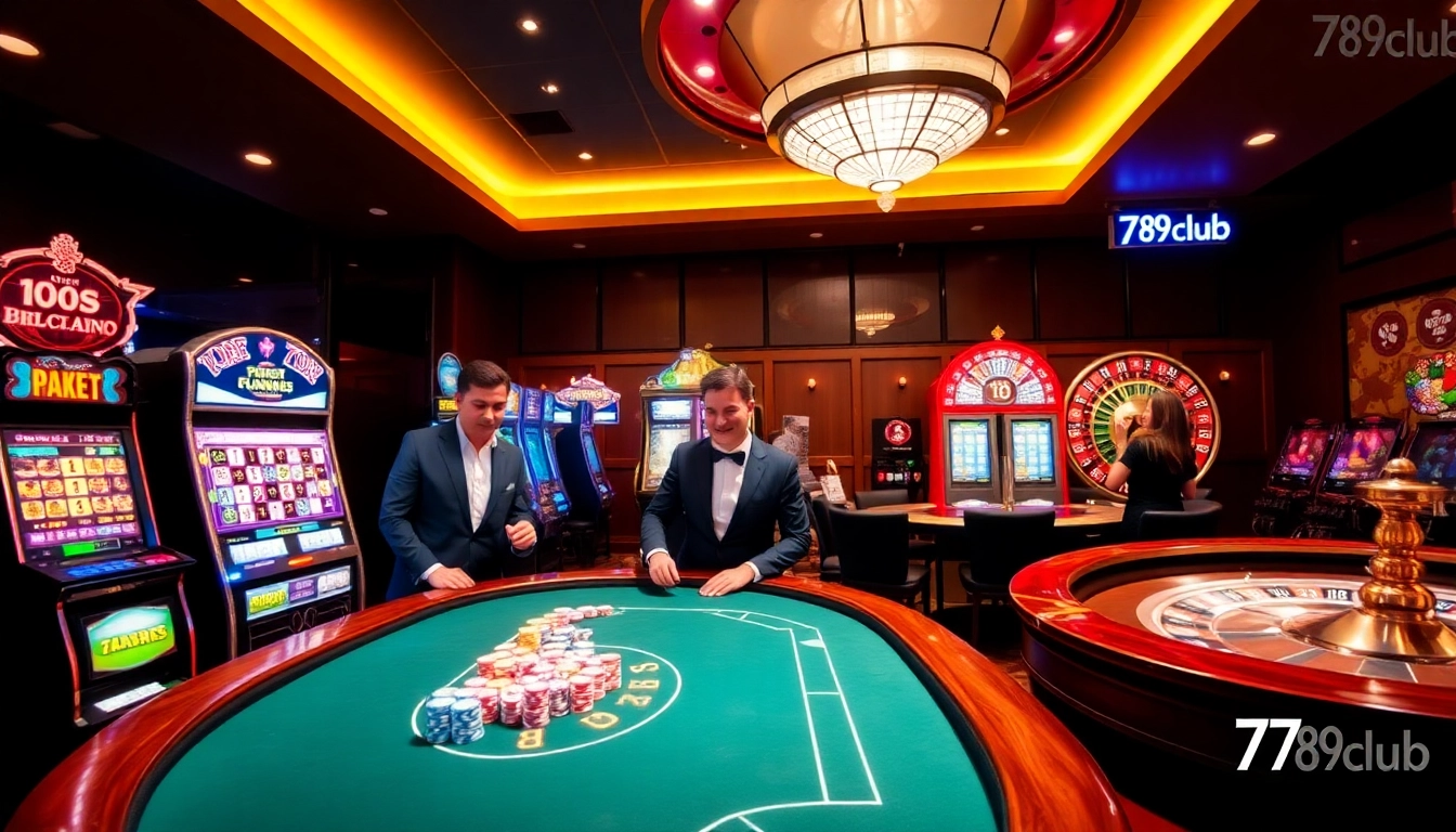 Players enjoying lively games at 789club, showcasing vibrant casino tables and slot machines.