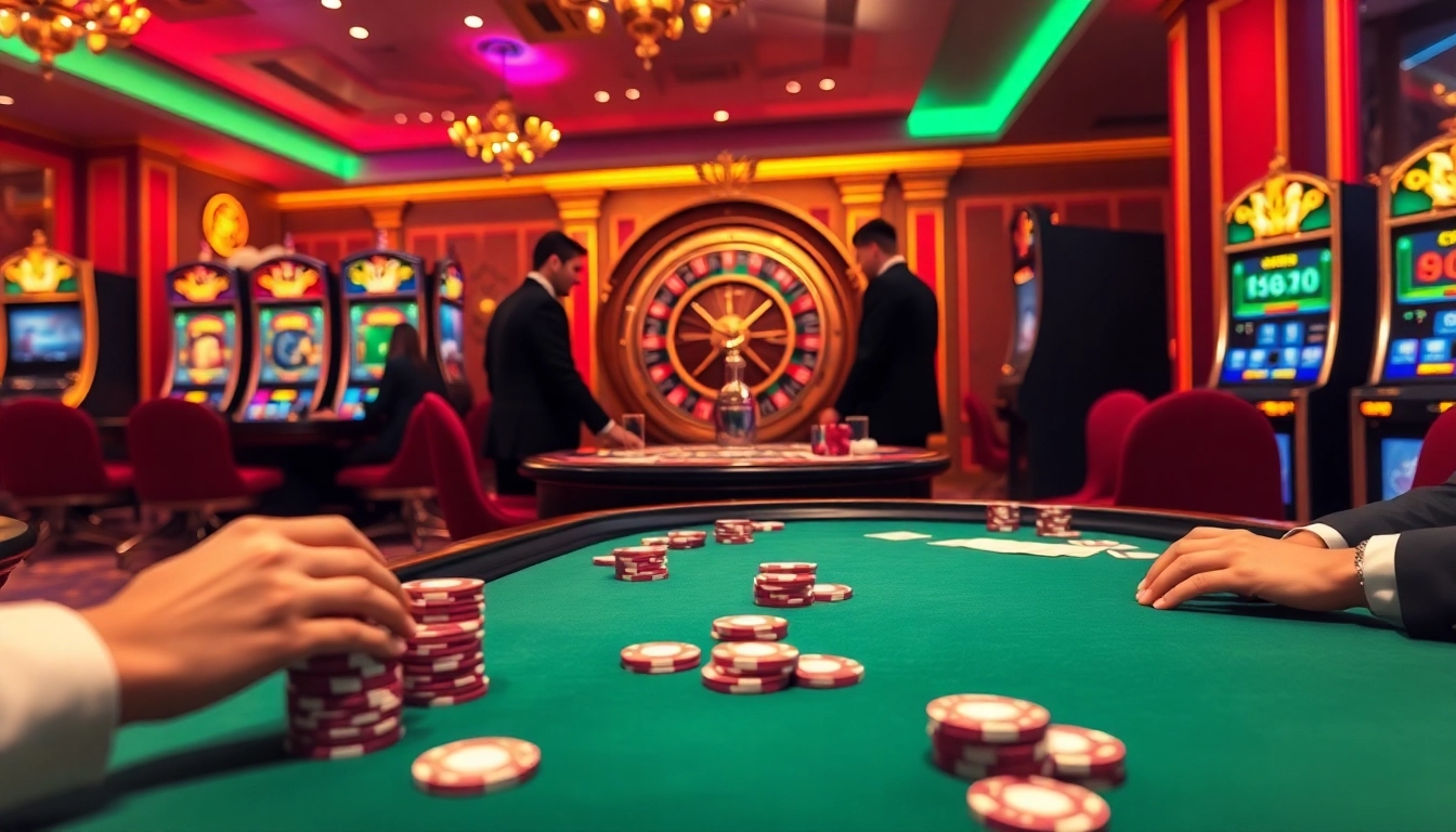 Experience thrilling gambling action at https://bet88b.us.com/ with a vibrant casino scene showcasing poker and roulette.