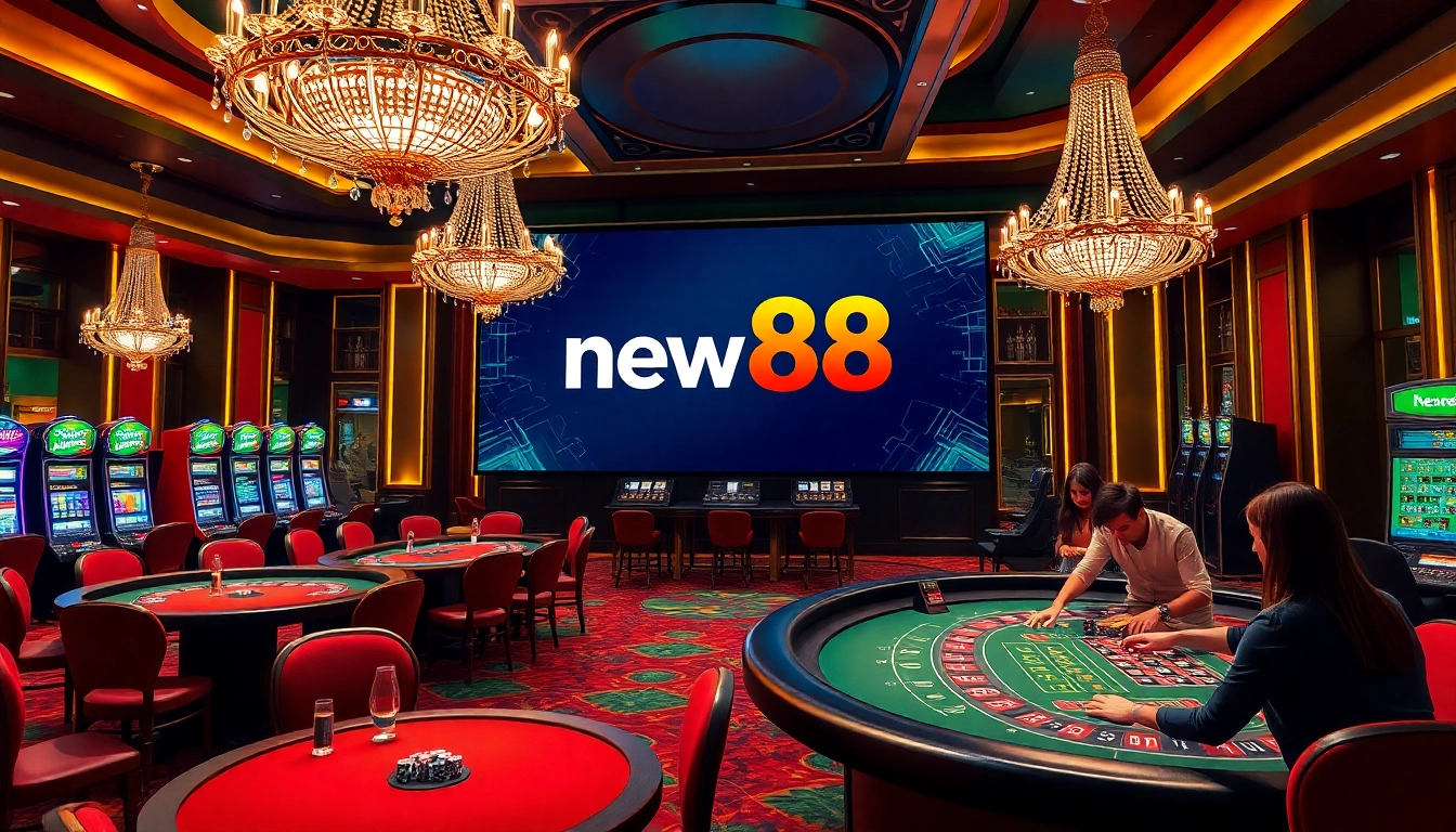 Experience the excitement of new88 with players celebrating at a luxurious casino table, winning big.