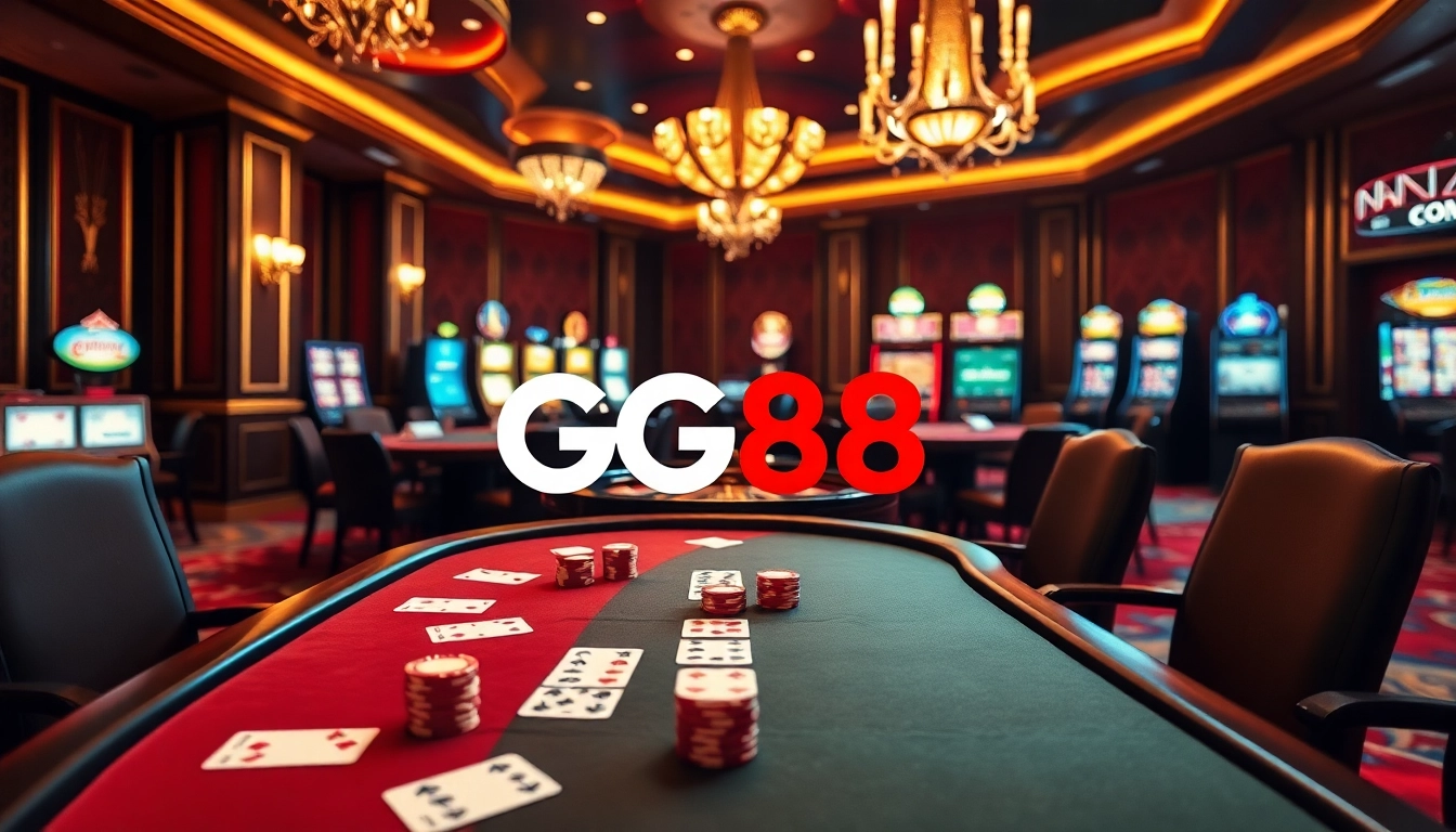 Engage in thrilling poker action at GG88 casino with luxurious tables and vibrant slot machines.