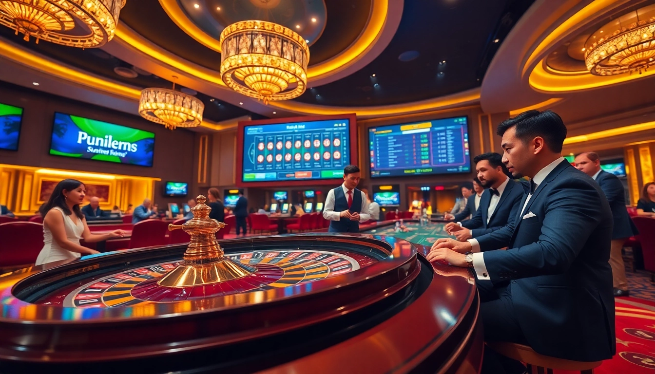 Experience the thrill of Liên minh quốc tế KJC in a vibrant casino atmosphere with roulette and poker.