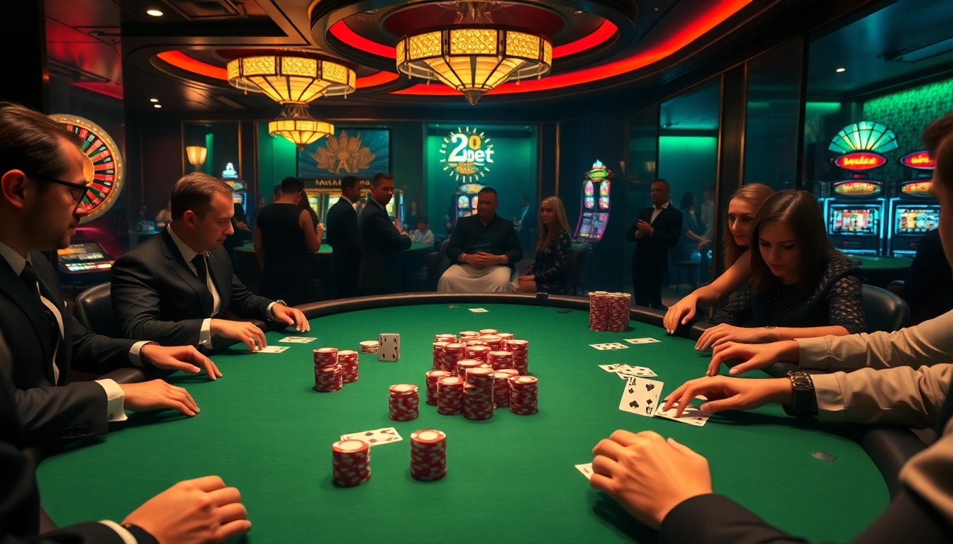 12bet players engaged in an exciting poker game at a glamorous casino table with chips and cards.