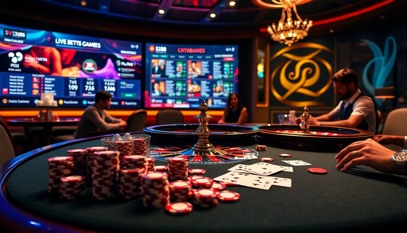 Engage in thrilling gambling at SV388 with live poker, vibrant chips, and casino tables.